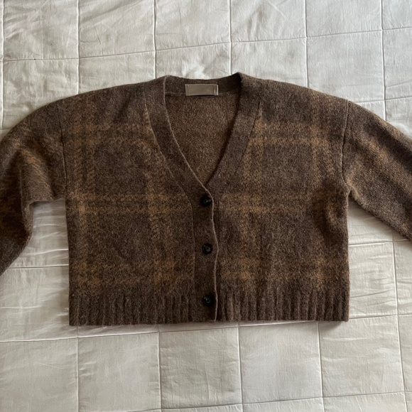 Everlane Brown Plaid boxy Alpaca Blend Cropped Cardigan Sweater Wmns Sz S EUC - Picture 1 of 6